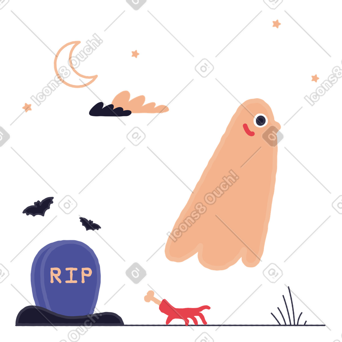 下载 Stripy 风格的 墓地里飞翔的鬼魂 插画，支持 PNG、SVG 格式