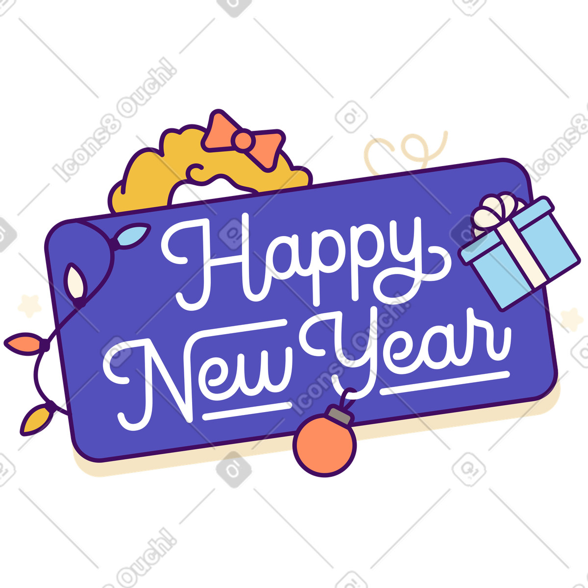 Holiday decorations around Happy New Year text, Seasonal event promotion animated illustration in Simplistic style download in GIF, Lottie (JSON), AE