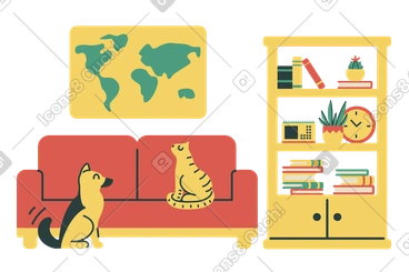 Chat et chien assis dans un salon avec canapé, bibliothèque et une carte du monde sur le mur PNG, SVG