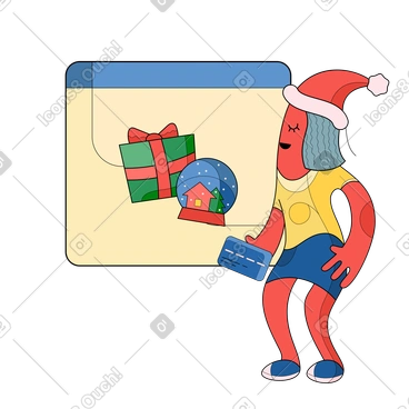 Woman in christmas hat holding card and shopping online PNG, SVG