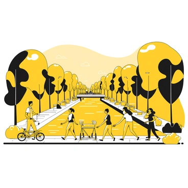 A group of people walking leisurely along the edge of the Grand Canal, some holding hands and others chatting animatedly. They are dressed in casual attire. In the background, there are lush green trees and bushes framing the canal, creating a vibrant atmosphere. The water of the canal reflects the surrounding foliage. A few benches line the pathway, and a couple of bicycles are parked nearby. The sky is clear and expansive above the scene.