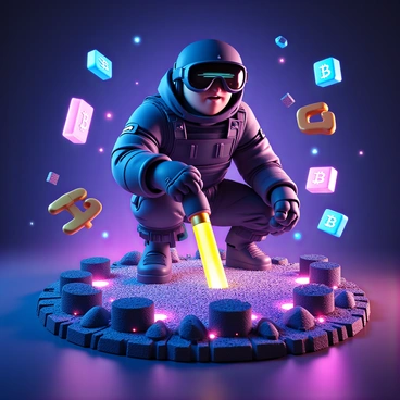 A digital miner with a futuristic appearance, wearing augmented reality goggles and a sleek, high-tech suit, is actively engaged in mining for bitcoins in a vibrant virtual world. The environment is filled with glowing digital blocks and floating cryptocurrency icons. The miner is using a holographic mining tool that emits colorful beams of light as they dig into the virtual ground. Surrounding the miner are various digital assets and data streams, creating a dynamic and immersive atmosphere that highlights the digital mining process.