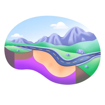 A modern pastel illustration of a highway that shows visible displacement caused by an underlying normal fault. The highway contains a noticeable offset at the fault line, with one side elevated compared to the other. Surrounding the highway are patches of grass and small rocks scattered along the edges. In the background, there are rugged mountains with a clear blue sky above, adding depth to the scene. The sunlight casts gentle shadows across the landscape, highlighting the geological features.