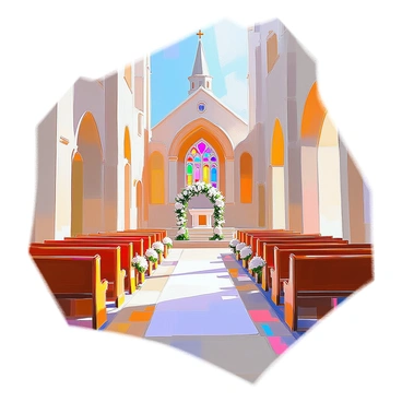 A beautiful historic church with intricate architectural details and a grand entrance is prepared for a wedding ceremony. The exterior features tall stone walls, arched windows, and a steeple that reaches towards the sky. Inside, colorful stained glass windows cast vibrant patterns of light onto the polished wooden pews. The aisle is adorned with white floral arrangements and soft fabric draping, leading up to an ornate altar. A delicate floral arch is positioned at the front, creating a romantic focal point for the ceremony. The atmosphere is filled with anticipation and joy as decorations enhance the sacred space.