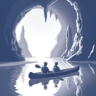 A canoe glides through the still water inside a cave. The canoe is filled with two figures, one at the front and one at the back, both wearing helmets with headlamps. Above them, glowing stalactites hang from the cave ceiling, illuminating the space with an ethereal light. Stalagmites rise sharply from the ground, some appearing to be clustered together. The walls of the cave are textured and rugged, reflecting the light from the formations. The water's surface is calm, mirroring the glowing features above.