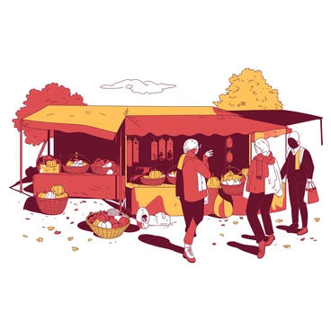 A vibrant fall market is set outdoors with a colorful array of stalls. Each stall is decorated with orange and red banners, showcasing seasonal produce such as pumpkins, apples, and squash prominently displayed in wicker baskets. Handmade crafts like woven baskets, pottery, and knitted scarves hang from the stalls or are arranged on tables. Shoppers browse the stalls, wearing cozy sweaters and holding bags filled with purchases. Fallen leaves in shades of yellow and brown blanket the ground, while a few trees in the background display their autumn foliage. The atmosphere is lively with people chatting and enjoying the crisp fall air.