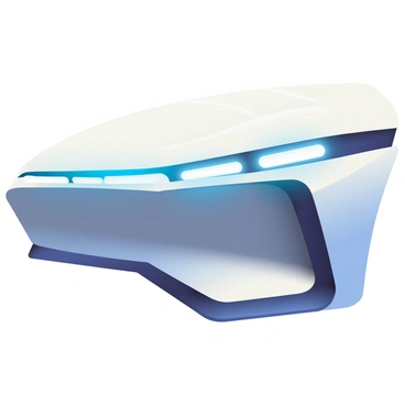 A futuristic car headlight is prominently displayed in the image. The headlight features a sleek, aerodynamic shape with smooth curves and sharp edges. It is illuminated by glowing LED strips that create a vibrant blue light, highlighting the modern design. The surface of the headlight is reflective, capturing subtle reflections of the surrounding environment. The overall composition emphasizes the advanced technology and innovative styling of the headlight, making it the focal point of the image.