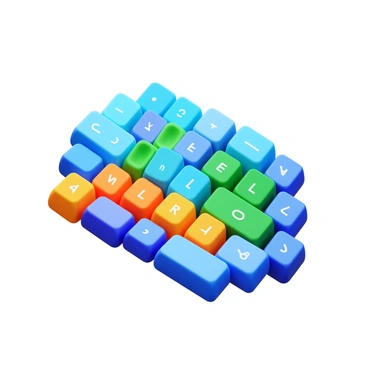 A collection of keyboard keys floating in mid-air, arranged in a dynamic pattern that resembles a digital wave. The keys feature vibrant colors, such as blue, green, and orange, creating a striking visual contrast. Each key is clearly visible, showcasing letters and symbols on their surfaces. The background is a subtle gradient that enhances the focus on the keys and their formation.