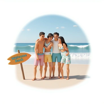 A group of five friends, three males and two females, are embracing on a sandy beach. Two of the males are wearing colorful swim trunks, while the third is in a casual t-shirt and shorts. One female is wearing a bright bikini top with a sarong, and the other is in a summer dress with floral patterns. The sun is shining brightly, casting soft shadows in the sand. Nearby, a wooden surfboard sign displays the words "Welcome Back" in bold, cheerful lettering, set against a scenic backdrop of crashing waves and clear blue skies. The friends are smiling and laughing, creating a joyful atmosphere.