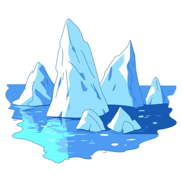 A field of tall icebergs rises dramatically from the surface of a crystal-clear arctic sea. The icebergs are sharply defined, their jagged edges creating a striking silhouette against the water. Each iceberg reflects sunlight, casting shimmering lights and soft shadows across the surrounding sea. The water is a tranquil blue, contrasting with the white of the ice, while gentle ripples break the surface, adding texture to the scene. The sky above is clear, amplifying the brightness of the sunlight that bathes the icebergs and sea in a radiant glow.