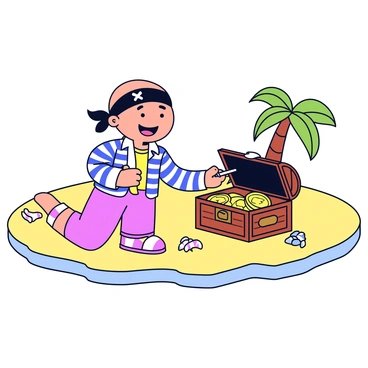 A child dressed as a pirate with a striped shirt, a black bandana, and a toy sword. The child has an excited expression while kneeling beside a wooden treasure chest partially buried in the sand. The treasure chest is open, revealing gold coins and sparkling jewels inside. Around the chest, there are scattered seashells and a few palm trees in the background. The sandy beach has gentle waves rolling in.