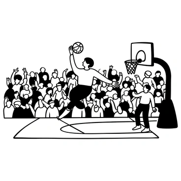 A basketball player in a classic jersey performing a fadeaway jump shot. The player is captured mid-air, with one leg extended back and the other bent at the knee. A basketball is seen leaving the player's hands towards the hoop. The background is filled with a crowded arena, with many spectators visible, some raising their arms in excitement. The floor of the arena is marked with a court design, and a basketball hoop is positioned in the distance, with a few players from the opposing team visible nearby.