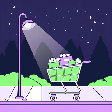 A shopping cart is parked on a sidewalk, illuminated by streetlights casting a warm glow. The cart is filled with various items, including a large box, bags, and some loose fruits. The streetlights are tall and have decorative fixtures. Above, the night sky is filled with scattered stars, creating a stark contrast against the dark backdrop. In the distance, silhouettes of trees can be seen framing the scene. The overall atmosphere is calm, with the light playing on the cart and its contents.
