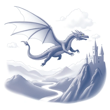 A marque page with a detailed depiction of a "majestic dragon" in mid-flight. The dragon has large, outstretched wings and intricate scales covering its body. Below the dragon, a "fantasy landscape" unfurls, featuring rolling hills, towering mountains, and a shimmering river winding through the scenery. The sky above is filled with wispy clouds, creating depth. The composition includes a castle perched on a distant cliff, adding to the sense of wonder and adventure.