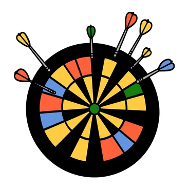A dartboard with a circular shape divided into multiple sections, each featuring distinct geometric patterns such as triangles, circles, and squares. The colors of the sections are vibrant, including shades of red, blue, yellow, and green. The board is framed by a thick black border, enhancing the overall contrast. There are several darts, each with a sleek design, positioned around the dartboard, some with colorful flights and shiny metallic tips. The background is simple to keep the focus on the dartboard and its geometric patterns.