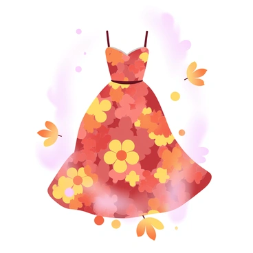 A dress made entirely of vibrant autumn flowers is elegantly displayed, showcasing a mix of reds, oranges, and yellows. Surrounding the dress are various sizes of leaves in warm colors, gently falling to the ground. The scene is filled with a soft light that enhances the cozy atmosphere of a fall day. In the background, there is a subtle gradient of pastel colors that blends harmoniously, evoking the essence of the season.