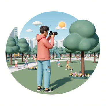 A teenager, wearing a bright red hoodie, distressed jeans, and black sneakers, is focused on capturing photos with a professional camera. The camera is a sleek black model with a large lens. The teen stands among various trees and colorful flower beds in the busy city park, where people are walking, jogging, and sitting on benches. In the background, there are children playing on a playground and a couple sitting on a picnic blanket. The sun is shining, casting soft shadows on the grass, while a few fluffy clouds float in the blue sky.