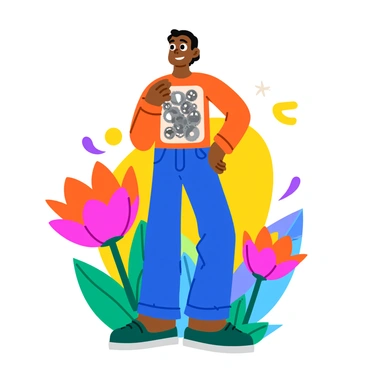 A human figure stands upright, with a transparent section in the chest that reveals a complex network of mechanical gears and cogs visibly turning within. The gears are shiny metal, intricately detailed, and appear to be in constant motion. The figure has an expression of curiosity, with large, expressive eyes. Surrounding the figure are whimsical, oversized flowers with colorful petals that contrast with the metallic elements. The background features a gradient of bright colors, adding an energetic feel to the scene.