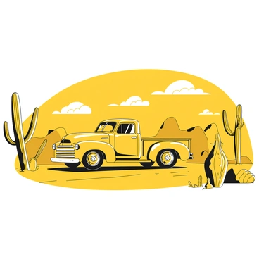 A vintage truck with a classic design and shiny chrome details is driving down an empty desert road. The truck has a spacious bed and large wheels, showcasing its rugged character. On either side of the road, there are sparse desert plants and cacti scattered across the sandy terrain. The sky above is expansive and clear, with a few wispy clouds drifting. The warm sunlight casts long shadows from the truck onto the road, enhancing the feeling of isolation in this arid landscape.