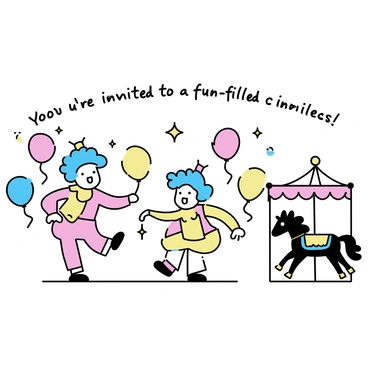 A children's carnival invitation featuring a colorful scene. In the center, there are "two cheerful clowns" performing with big smiles and vibrant costumes. Surrounding them are "several bright balloons" in various colors, floating in the air. To the side, there is a "classic carousel" with ornate horses, each painted in different hues, spinning joyfully. The background has a festive atmosphere, with "decorative banners" hanging across the top. The invitation's text reads "You're invited to a fun-filled carnival!" in playful lettering.