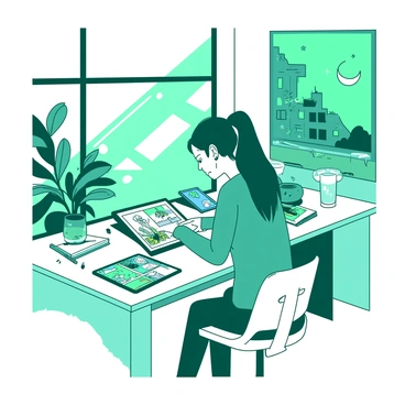 A teal artist is intently focused on a digital tablet, sketching vibrant comic scenes. The tablet is placed on a sleek white desk cluttered with various art supplies, including markers and sketchbooks. Behind the artist, there are large windows allowing natural light to flood the modern studio, illuminating the colorful artwork that adorns the walls. A comfortable white chair is situated next to the desk, and a teal plant sits in the corner, adding a touch of greenery to the creative space.