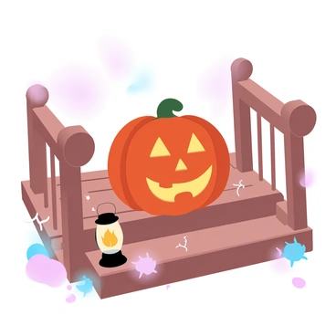 A carved pumpkin with a spooky face is sitting on a wooden porch step. The pumpkin is illuminated from within, casting an eerie orange glow that creates shadows around it. The background features wooden railings and scattered autumn leaves. A small lantern sits beside the pumpkin, adding to the warm ambiance. The porch is adorned with subtle decorations like cobwebs and a few small gourds.