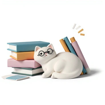 A cute white cat with fluffy fur, wearing round reading glasses perched on its nose, is nestled comfortably among stacks of colorful books. The books are arranged haphazardly, with some standing upright while others are leaning against each other. The cat is curled up with its eyes half-closed, looking content and relaxed. Its tiny paws are tucked beneath its body, and a few book pages are slightly fanned open nearby, adding to the cozy reading atmosphere. Bright sunlight filters through a nearby window, casting gentle shadows on the cat and the books.