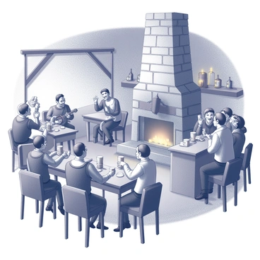 A bustling tavern interior filled with patrons engaged in conversation. Several individuals are seated at wooden tables, some leaning back with laughter, while others raise tankards in a toast. A minstrel is positioned near a stone fireplace, skillfully playing a lute, with a look of concentration on his face. The walls of the tavern are adorned with various decorations, and a faint glow emanates from the candles scattered around the room. A bar is visible in the background with bottles lined up neatly on shelves.