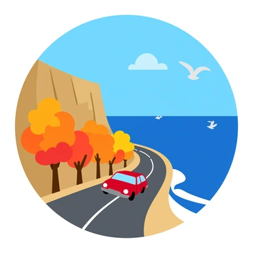 A car driving along a coastal road with cliffs and fall-colored trees