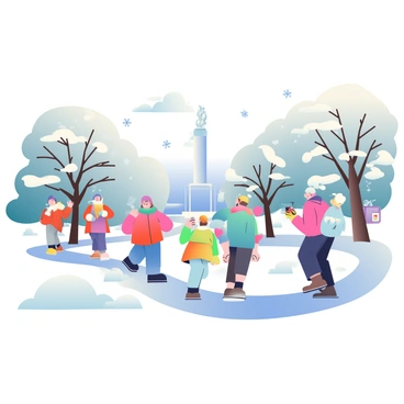 A snowy winter day in Dortmund is depicted with a park blanketed in fresh, white snow. Trees are coated with snow, their branches heavy and drooping. A group of people is walking along a winding path through the park, dressed in colorful winter coats and scarves. Some are holding steaming cups of hot cocoa, while others are throwing snowballs playfully. In the background, a snow-covered statue stands proudly, and soft snowflakes are gently falling from the gray sky above.