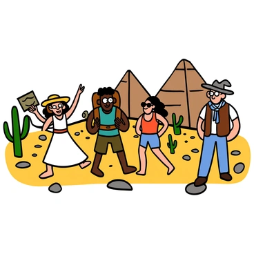 A group of four adventurers traversing a vast, sandy desert with pyramids visible in the background. The first adventurer is a light-skinned woman with big eyes, wearing a flowing white tunic, a brown belt, and a wide-brimmed hat. She is holding a map in one hand and pointing toward the pyramids. The second adventurer is a dark-skinned man with big eyes and short curly hair, dressed in a teal sleeveless shirt and cargo shorts. He is carrying a backpack and has an excited expression. The third adventurer is an Asian woman with big eyes, wearing sunglasses, a red tank top, and shorts, she is walking confidently with her hands on her hips. The last adventurer is a tall, muscular man with big eyes, wearing a brown vest and a scarf around his neck. He is looking up at the sky, shielding his eyes from the sun. The desert is dotted with scattered rocks and cacti, with bright sunlight illuminating the scene.