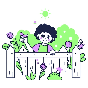 A child is peeking over a garden fence, with wide eyes filled with curiosity. The child has curly hair and is wearing a colorful T-shirt. The garden features vibrant flowers in various shapes and sizes, along with a small butterfly fluttering nearby. The wooden fence is weathered and has a few small gaps, allowing the child to see through. In the background, there are a few green bushes and a sunny sky visible above the fence.