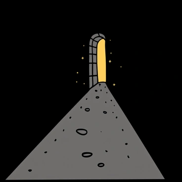 A long, dimly lit tunnel extends into the distance. The walls of the tunnel are rough and uneven, made of dark stone. Light pours in from the far end, illuminating the ground and creating a stark contrast with the shadows. The tunnel appears to recede into darkness, emphasizing the depth and length of the passageway. Dust particles are visible in the beams of light, adding to the atmosphere. The ground is uneven, with small stones scattered along the path.