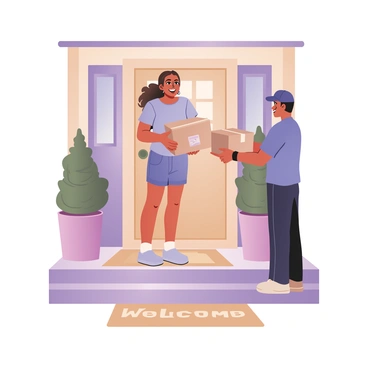 A person standing at their doorstep receiving a delivery package. The customer, a woman with medium skin and curly brown hair, is wearing a light blue t-shirt and denim shorts. She has a big smile on her face, expressing happiness. The delivery package is a brown cardboard box with a shipping label, being handed to her by a delivery person. The delivery person is wearing a blue uniform and a cap. The setting features a cozy front porch with potted plants on either side and a welcome mat at the entrance. The sunlight casts a warm glow, enhancing the cheerful atmosphere of the moment.