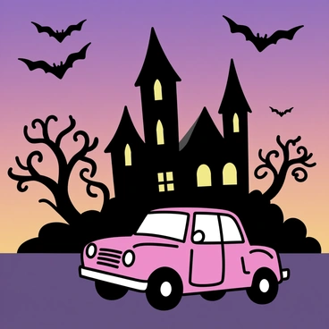 A red 3D cartoon car is parked in front of a large, spooky mansion. The mansion has tall, pointed towers and is adorned with dark, twisted trees surrounding it. The sky is a gradient of deep purple and orange, indicating dusk. Shadows cast by the mansion create a mysterious atmosphere. The car's cartoonish features are highlighted by the fading light. The mansion's windows are illuminated, adding to the eerie ambiance.