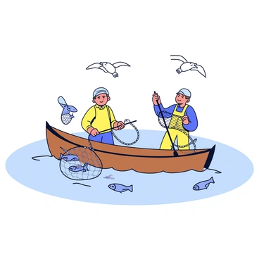 A historical scene showing fishermen on a small wooden boat. The boat is gently bobbing on calm waters, surrounded by a misty shoreline. The fishermen are using traditional nets made of thick rope, skillfully tossing them over the side of the boat. A few herring can be seen splashing in the water near the boat. The fishermen are wearing simple, weathered clothing, and their focused expressions reflect their dedication to the task. Above them, a few seagulls are flying, adding to the lively atmosphere of the fishing scene.