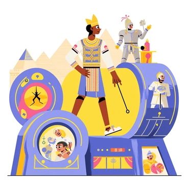 A cartoon-style illustration of "Vadivelu" dressed in a colorful traditional outfit, standing in a vibrant time machine with intricate details. The time machine has various dials and levers, glowing with neon colors. In the background, visible historical eras such as ancient Egypt with pyramids and pharaohs, medieval Europe with knights and castles, and the Renaissance with artists and scholars can be seen. Vadivelu is animatedly interacting with "famous figures" like a pharaoh wearing a golden headdress, a knight in shining armor, and a painter holding a palette, each set against their distinct era. The illustration captures the excitement and curiosity of Vadivelu as he travels through time.