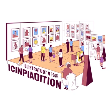 A spacious exhibition hall filled with rows of framed illustrations displayed on white walls. Each frame features a different illustration, showcasing a variety of themes and styles. The hall is brightly lit, highlighting the details of the artwork. In the center of the room, there are small groups of people engaged in discussions about the illustrations. Some individuals are taking notes, while others are admiring specific pieces closely. A banner at the entrance reads "Illustration Competition" in large, bold letters. The floor is polished wood, reflecting the bright ambiance of the space.
