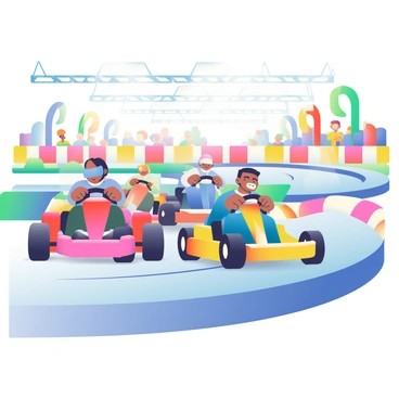 A thrilling indoor kart racing scene is depicted with several racers maneuvering their karts around a winding track. The karts are vibrant colors, with a red kart leading the group, closely followed by a blue kart and a yellow kart. Each racer is wearing a helmet, and their expressions show intense concentration. The track features sharp turns and elevation changes, with colorful banners and flags lining the perimeter. Bright overhead lights illuminate the scene, highlighting the dynamic motion of the karts as they speed past, leaving trails of tire marks on the track surface. Spectators in the background are cheering, adding to the excitement of the race.