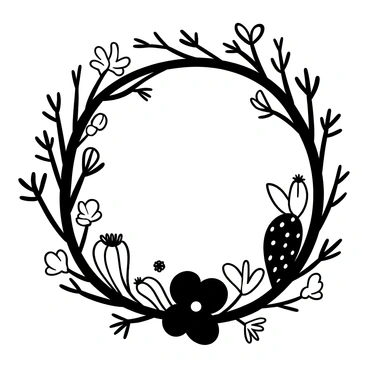 A circular wreath made of intertwined branches, decorated with small cacti in various shapes and sizes. There are several succulents arranged throughout the wreath, showcasing different textures and forms. Desert wildflowers are scattered among the greenery, adding a touch of natural elegance. The overall composition is balanced and visually appealing, emphasizing the desert theme.