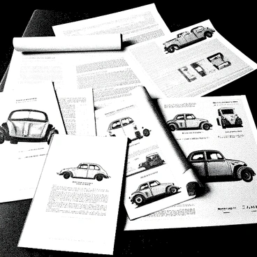 A collection of historical documents is spread out on a wooden table. Each document features aged, textured paper with visible creases and some yellowing at the edges. Among the papers, there are detailed blueprints of vintage cars, showcasing intricate line work and measurements. The blueprints illustrate various angles of the cars, including side views and top views, with notes in the margins. The setting is well-lit, revealing the fine details of the documents and blueprints. Some documents are partially rolled, while others are laid flat, creating a layered appearance.