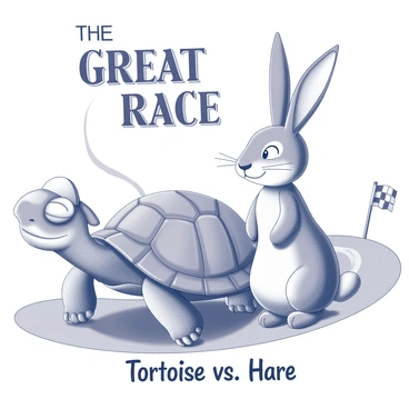 A vintage-style race poster featuring two anthropomorphic characters. On one side, there is a tortoise with a smooth, textured shell, wearing a small racing cap and a determined expression. On the other side, there is a hare with long ears, standing upright, wearing a sporty headband and displaying a confident smile. The background includes a winding race track with a checkered flag at the finish line. "The Great Race" is prominently displayed at the top in bold lettering, and at the bottom, the words "Tortoise vs. Hare" are written in a stylized font. The overall design has a classic, nostalgic feel.