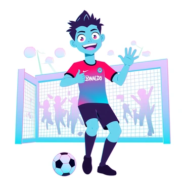 Cristiano Ronaldo depicted as an anime mascot character for a soccer team. He has exaggerated, large expressive eyes and spiky black hair with a shiny finish. The mascot is wearing a vibrant team jersey featuring bold colors and the team's logo prominently displayed. His stance is dynamic, exuding a playful and energetic demeanor, with one hand raised in a lively gesture. He has a soccer ball at his feet, ready for action, and a broad smile that suggests enthusiasm and charm. The background features stylized soccer elements, including goalposts and cheering fans, enhancing the lively atmosphere.