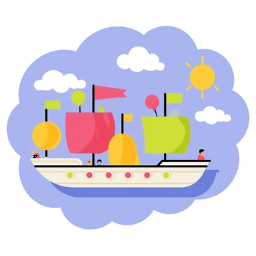 A fleet of ships soaring through a bright blue sky. Each ship has a unique design with colorful sails made of balloons, varying in hues of red, yellow, and green. The ships are detailed with ornate carvings along their hulls and whimsical figures on the decks. Fluffy white clouds are scattered throughout the sky, adding depth to the scene. The sun shines brightly, casting playful shadows on the ships as they glide gracefully through the air.