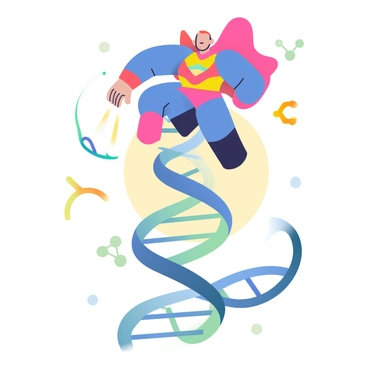 A superhero character representing "DNA polymerase" is flying above a large, twisted "DNA strand." The superhero has a sleek, muscular build, wearing a suit that features bright colors reminiscent of molecular structures. One hand is extended downward, emitting a glowing light that interacts with the DNA strand, symbolizing the process of "repairing" and "replicating." The background is filled with abstract representations of nucleotides, each colored differently, floating around the superhero. Below, the DNA strand is detailed with various shades of blue and green, illustrating its helical structure and the connection points where the superhero is working.