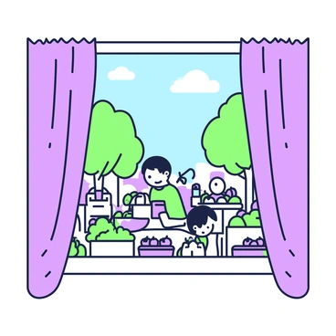 A view from an apartment window overlooking a farmer's market. Below, a variety of stalls are set up with vendors selling fresh produce. There are baskets filled with colorful fruits and vegetables, including bright green lettuce and purple eggplants. People are walking through the market, some carrying bags filled with goods. A child is seen reaching for an apple from a wooden crate. In the background, a few trees frame the scene, and a blue sky is visible above. The window has a simple frame with curtains drawn slightly to the side, allowing an unobstructed view of the vibrant activity below.