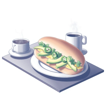 A breakfast banh mi sandwich on a plate, featuring a crusty baguette filled with scrambled eggs and slices of ripe avocado. The sandwich is garnished with fresh cilantro and sliced jalapeños, adding texture and flavor. Next to the plate, there is a steaming cup of coffee, with a small saucer underneath. The setting includes a simple wooden table, providing a cozy breakfast atmosphere.