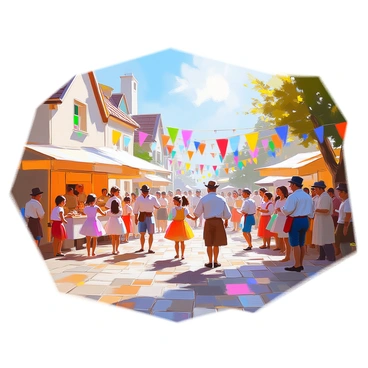A lively 18th-century village festival scene featuring a cobblestone square filled with townsfolk. Men and women in period-appropriate clothing are gathered, some dancing to the lively music played by musicians on a raised platform. Children are engaged in various games, including sack races and ring toss, while others are watching from the sidelines, cheering and laughing. Colorful banners and streamers are draped across the square, adding to the festive atmosphere. Stalls selling handmade goods and local treats are set up along the edges of the square, with villagers happily interacting and celebrating. The sun is shining brightly, casting cheerful light on the vibrant scene.