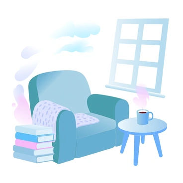 A cozy reading nook featuring a large, plush chair positioned near a window. The chair is upholstered in soft fabric and is surrounded by a stack of assorted books, some leaning against each other and others stacked neatly. A warm, knitted blanket is draped over one arm of the chair. Sunlight filters through the window, casting gentle light across the nook. A small table beside the chair holds a steaming mug, creating a welcoming atmosphere.