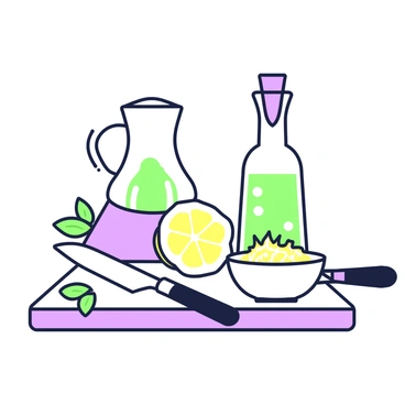 An illustration depicting the process of extracting lemon flavor for culinary use. In the center, a halved lemon is placed on a wooden cutting board, with juice droplets glistening. An elegant glass juicer sits beside the lemon, collecting fresh juice. To the right, a small bowl filled with lemon zest is visible, with fine shavings reflecting light. In the background, a chef's knife rests on the cutting board, while a sprig of fresh mint is positioned nearby for contrast. A small funnel leads from the juicer to a glass bottle, indicating the transfer of lemon essence for culinary applications.